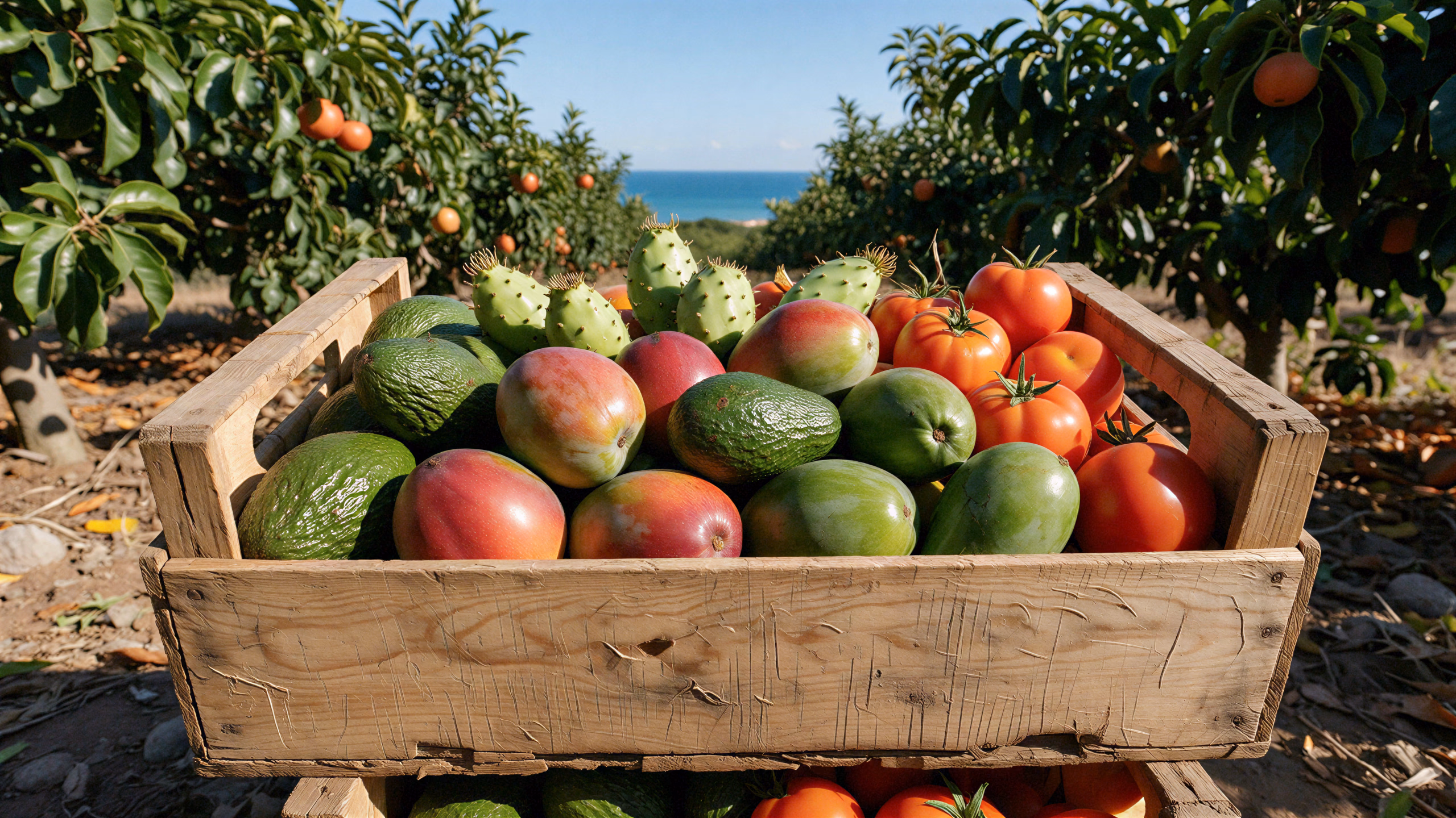 Caja de madera rebosante de la cosecha del día —aguacates, mangos, chumbos y tomates— sobre la tierra de la huerta, con los frutales subtropicales detrás a la luz de la mañana