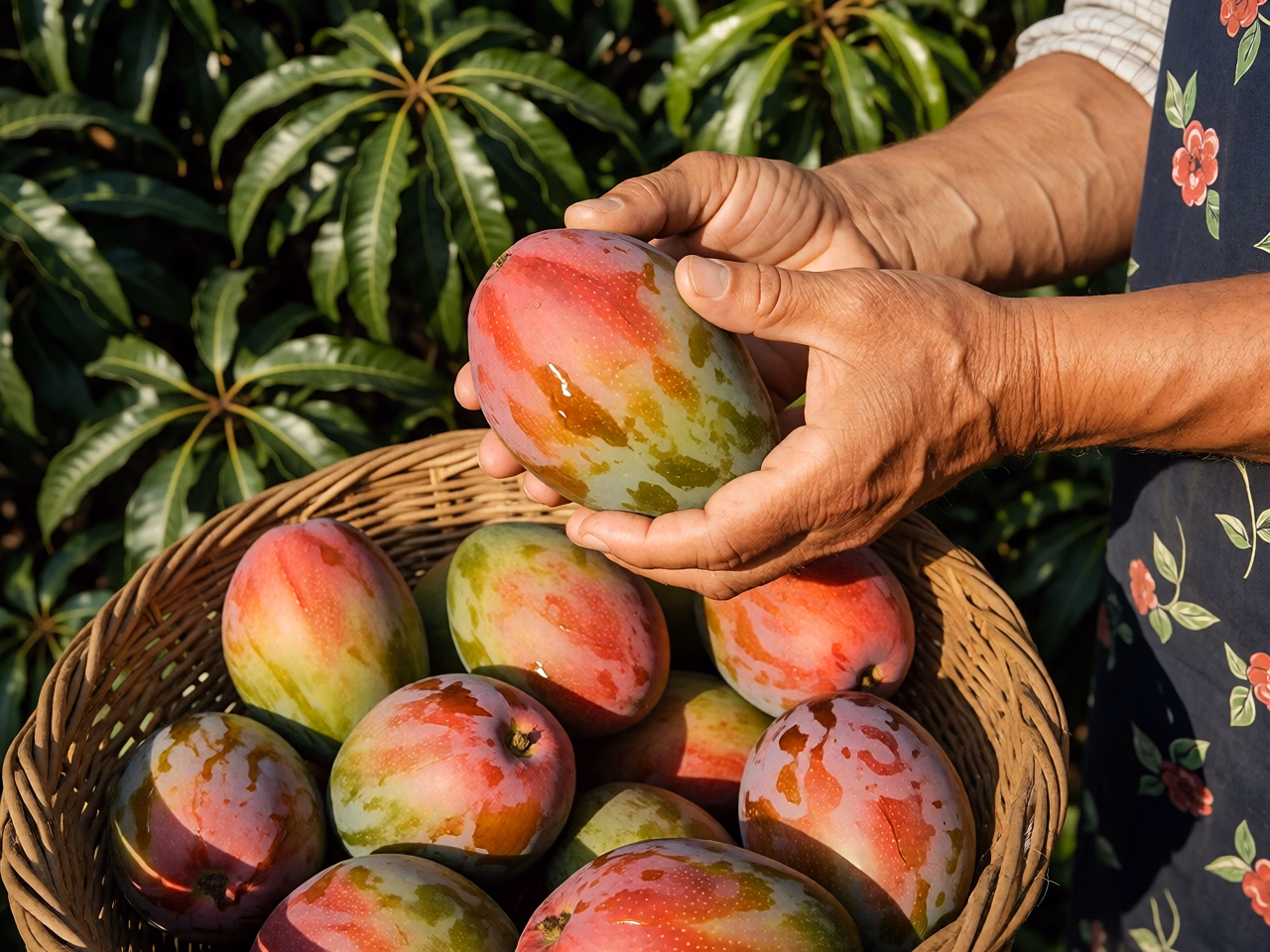 Manos de agricultor sosteniendo un mango recién cortado sobre una cesta de mimbre llena de mangos, entre los árboles de la huerta a la luz cálida del sol