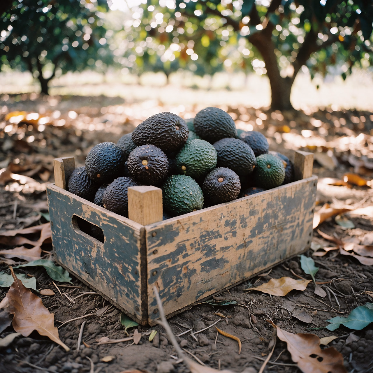 Caja de madera llena de aguacates Hass ecológicos de piel rugosa casi negra, sobre la tierra seca de la huerta entre hojas caídas, con los aguacateros borrosos al fondo a la luz de la mañana
