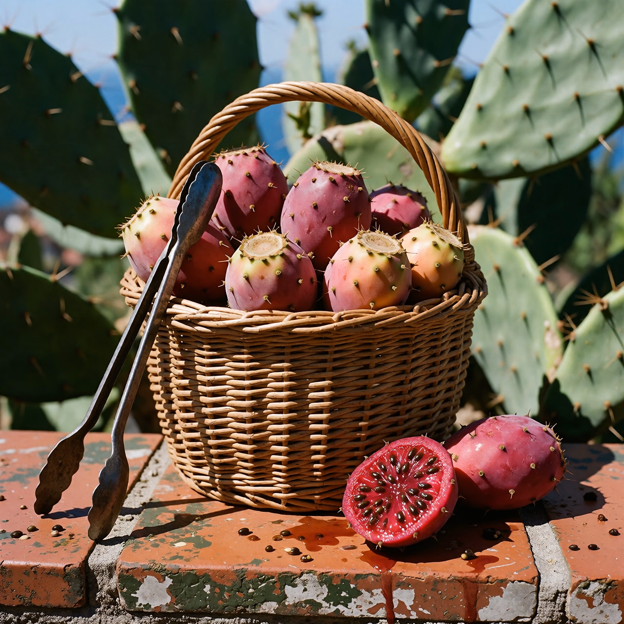 Cesta de mimbre llena de chumbos ecológicos magenta y naranja sobre baldosas de terracota, delante de las paleras de la huerta, uno partido mostrando su pulpa rosa llena de semillas, con unas pinzas de metal apoyadas al lado