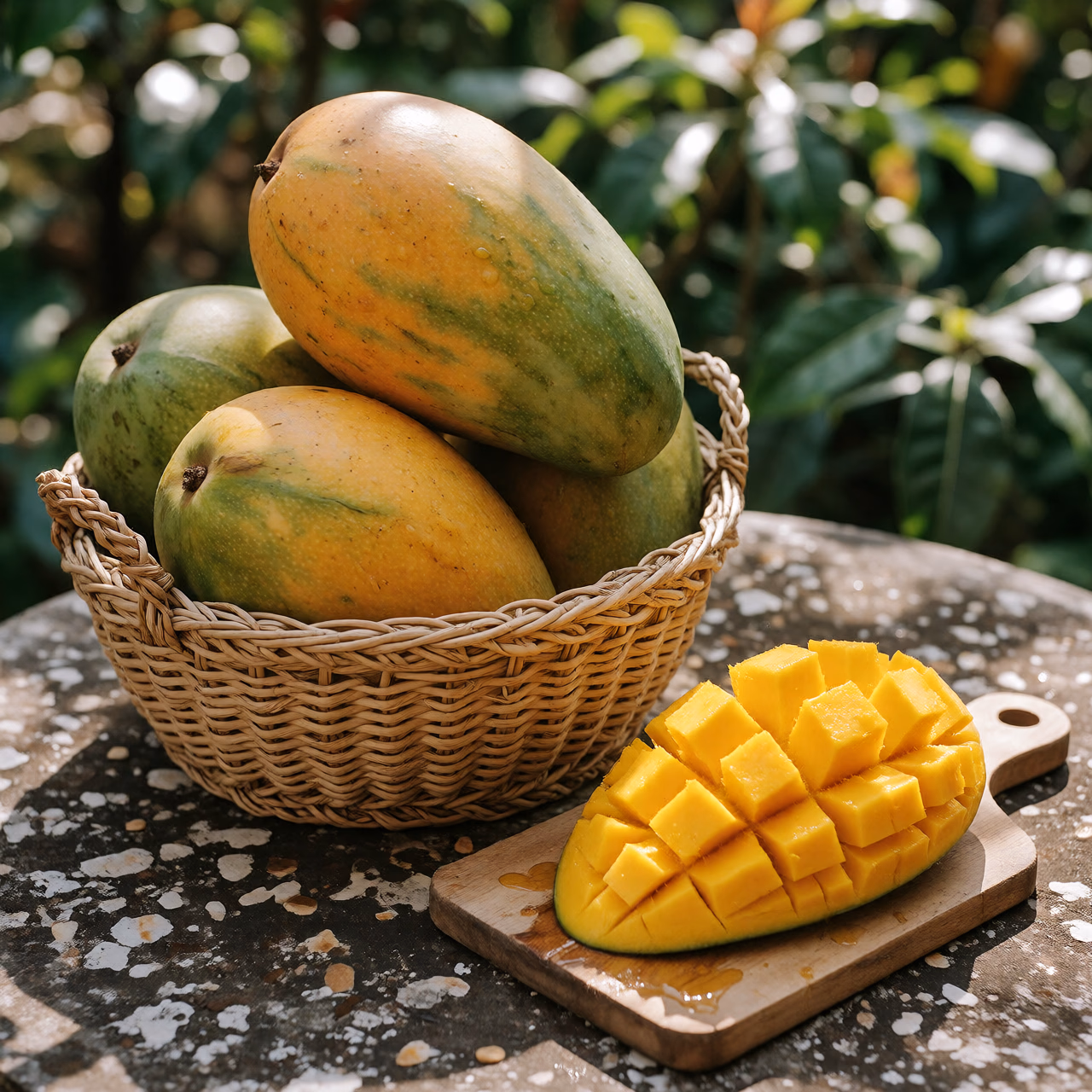 Mangos Keitt ecológicos dorados con los hombros verdes en una cesta de esparto sobre una mesa de piedra antigua a plena luz del sol, uno abierto sobre una tabla mostrando su pulpa dorada y firme