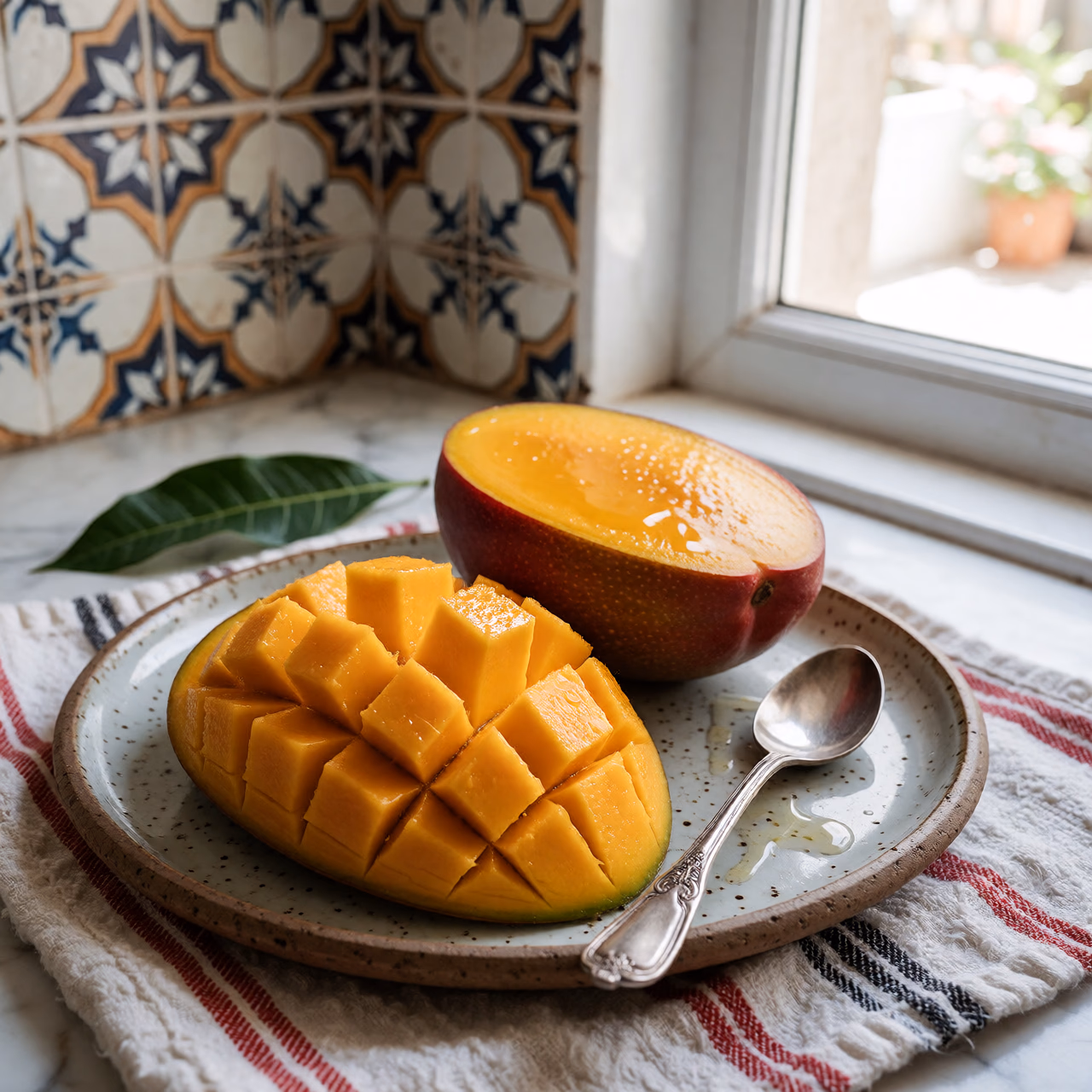 Mango Osteen ecológico maduro cortado en cubos jugosos sobre un plato de cerámica artesana, con una cucharilla y un par de hojas, en una mesa de cocina con mantel de rayas y azulejos antiguos de fondo