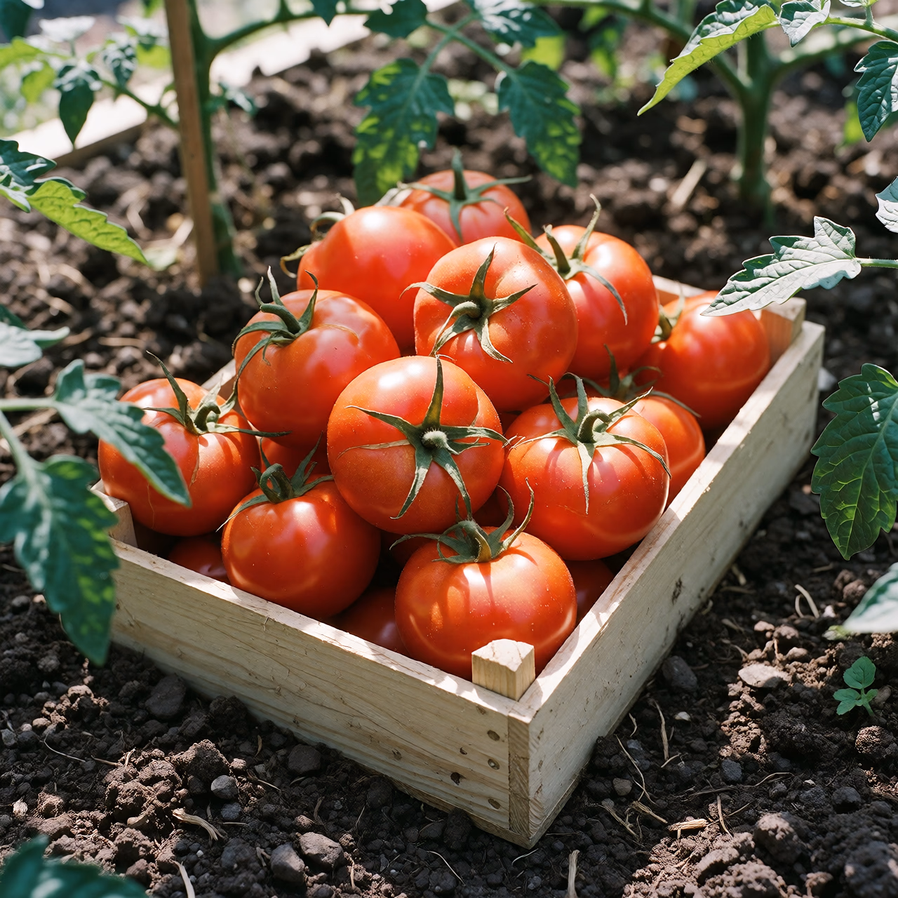 Caja de madera poco profunda llena de tomates rojos ecológicos en rama recién recogidos, sobre la tierra oscura de la huerta entre las matas, con algo de polvo y hombros verdes, al sol del verano