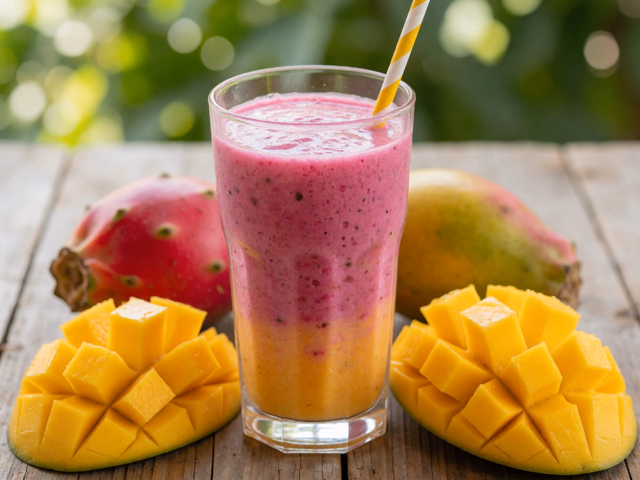 Vaso alto con batido degradado rosa y naranja de mango y chumbo, rodeado de trozos de mango y frutos de chumbo frescos