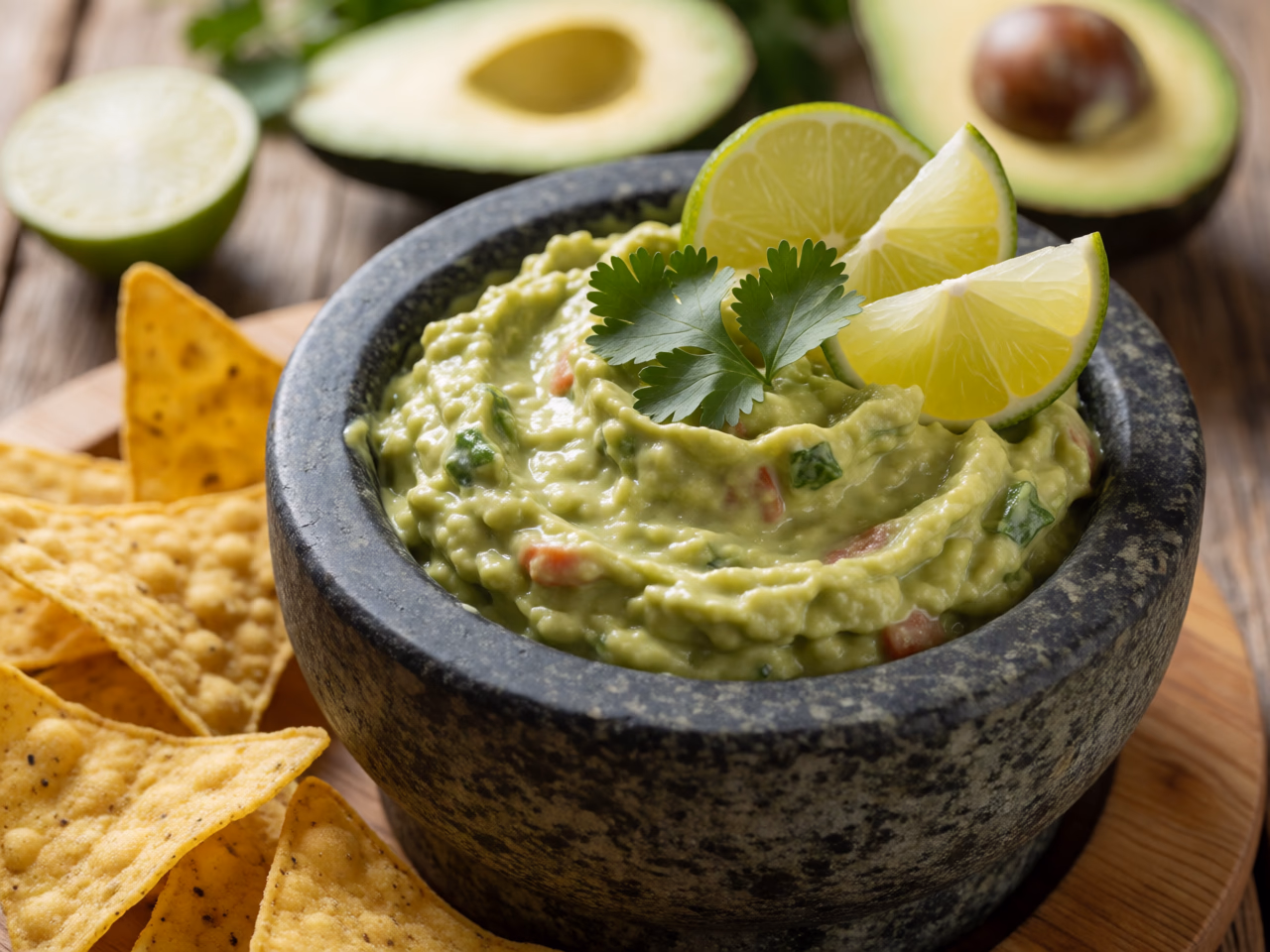 Bol de piedra con guacamole cremoso coronado con cilantro y gajos de lima, con totopos al lado sobre madera rústica