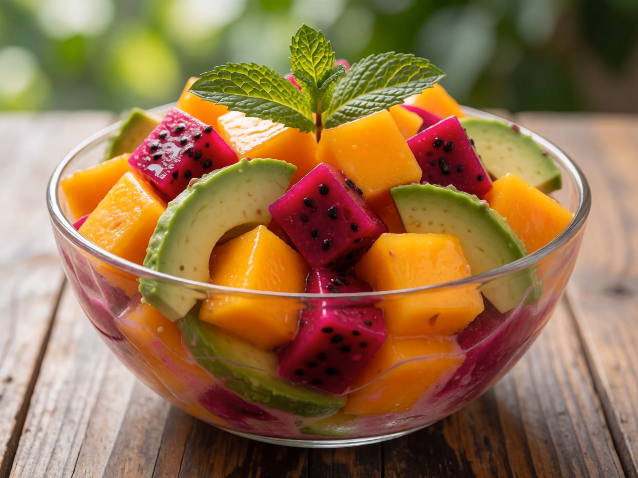 Cuenco de cristal con macedonia de frutas tropicales con dados de mango naranja, aguacate y chumbo, con hojas de menta