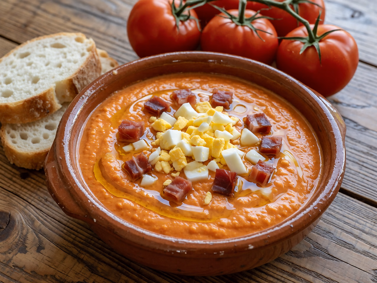 Cuenco de barro con salmorejo cordobés cremoso, coronado con trocitos de jamón serrano, huevo picado y un hilo de aceite de oliva, sobre una mesa de madera desgastada con tomates maduros y pan al lado